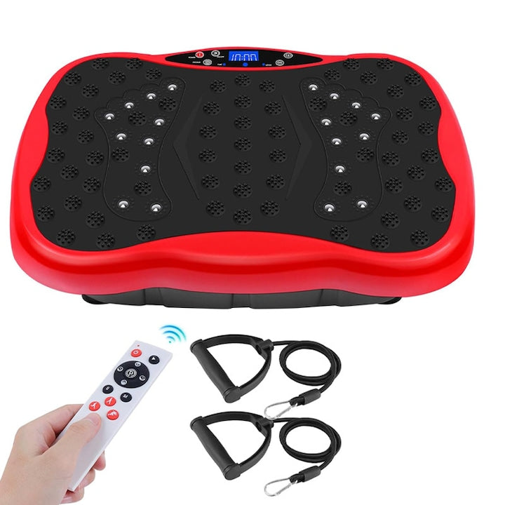 Aparat Vibromasaj Omelivon Platforma Vibratii cu 2 Benzi de Rezistenta Fitness cu 120 Niveluri de Viteza Greutate Maxim Admisa 150 kg Putere 200 W Telecomanda Inclusa Rosu/Negru