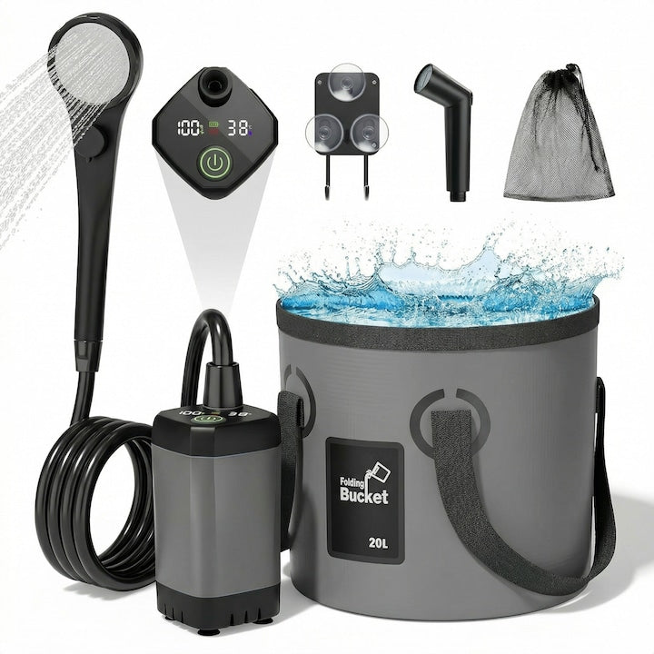 Kit dus portabil Seabeloom pompa de apa reincarcabila 6000mAh cap de dus filtrat ecran LED moduri de debit ridicat si redus galeata pliabila de 20L functionare silentioasa cap de dus multifunctional IPX7 furtun pompa cablu USB