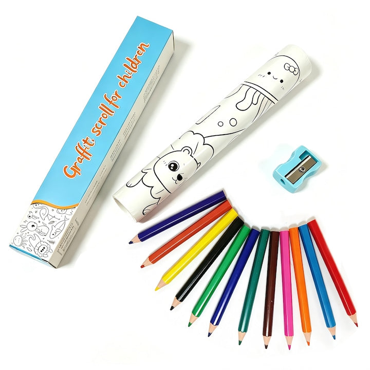 Colored Roll for Children 3m Animals' World with 12 Colored Pencils + Sharpener, Self-Adhesive, Reusable, Protects Walls, Develops Creativity and Motor Skills, Suitable for Wall Drawing