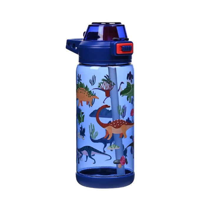 Sticla de Apa pentru Copii Fara BPA Capac One-Touch cu Blocaj Maner Integrat Mustiuc Silicon Moale Anti-Curgere Design Cartoon Dinozauri Albastru