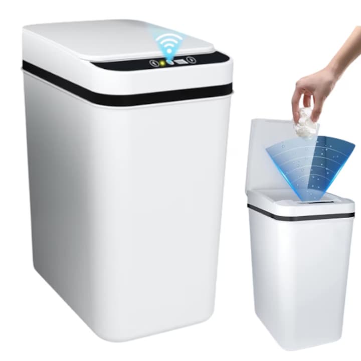 12L Automatic Sensor Dustbin, Silent Opening, ABS, Ideal for Kitchen, Bathroom, or Living Room, 24x16x32 CM, White