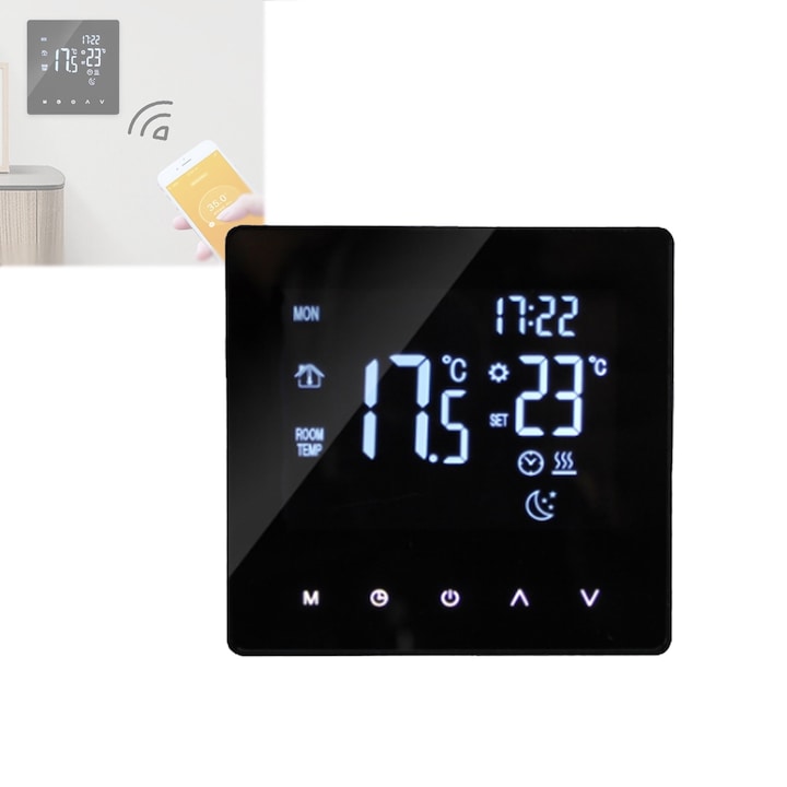 Termostat de ambient inteligent SANSES WI-FI Controlat Prin Internet/Smartphone Compatibil Cu Orice Centrala Termica Pe Gas Pentru Controlul Temperaturii Ambientale Negru