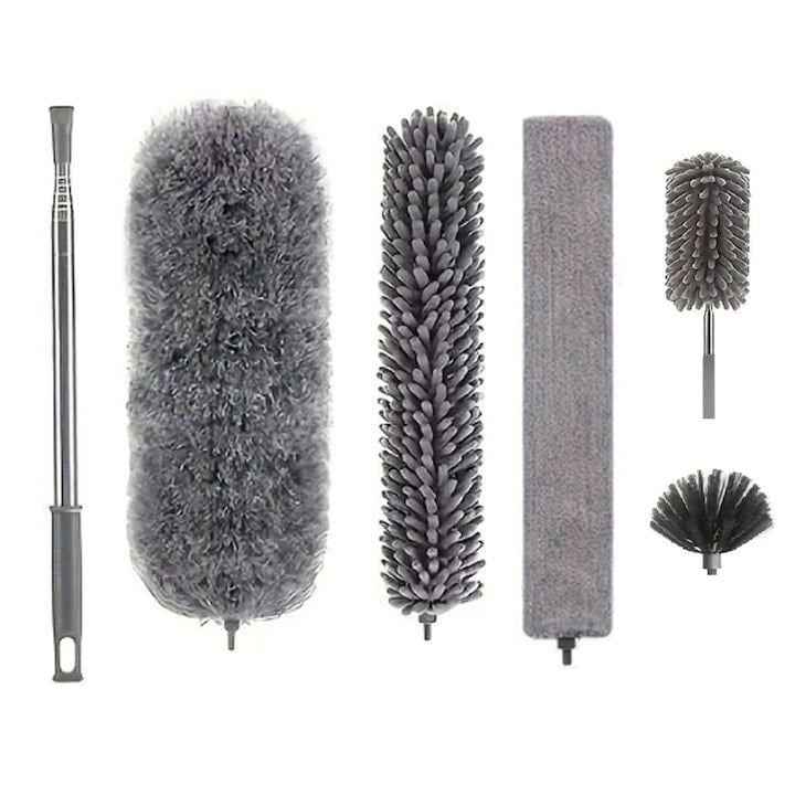Set de 6 Pamatuf pentru Praf SINBINTA Pamatuf Microfibre Pentru Curatat Praful Maner aluminiu extensibil pana la 2.8 m detasabil Reutilizabil dupa spalare Usor de folosit/curatat Pentru locuri greu Accesibile Inox Gri