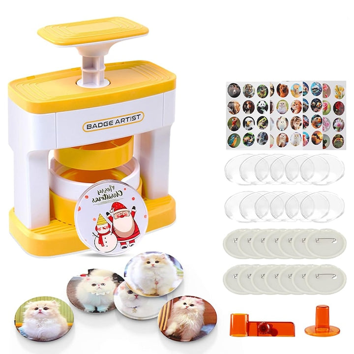 Rqiurpn Badge Maker, Manual Press, 55mm DIY Kit, 48 Pieces, Circle Cutter, Creative Activities, Educational Play, and Personalized Gifts, Yellow