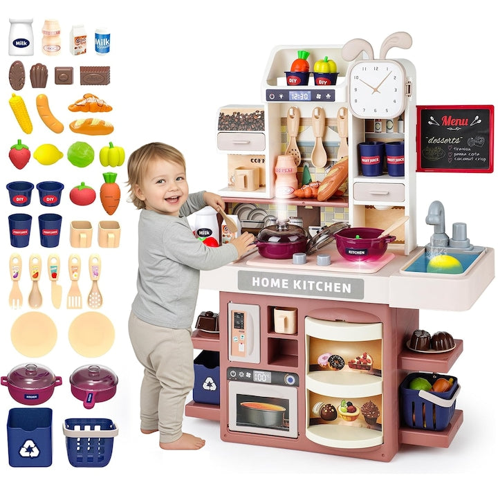 Bucatarie copii aragaz de jucarie bucatarii jucarie Bucatarie pentru copii chiuveta cu circuit de apa frigider aragaz fructe legume multiple accesorii 37 de piese in total Simulare Gatit 40.5x32x16cm Roz