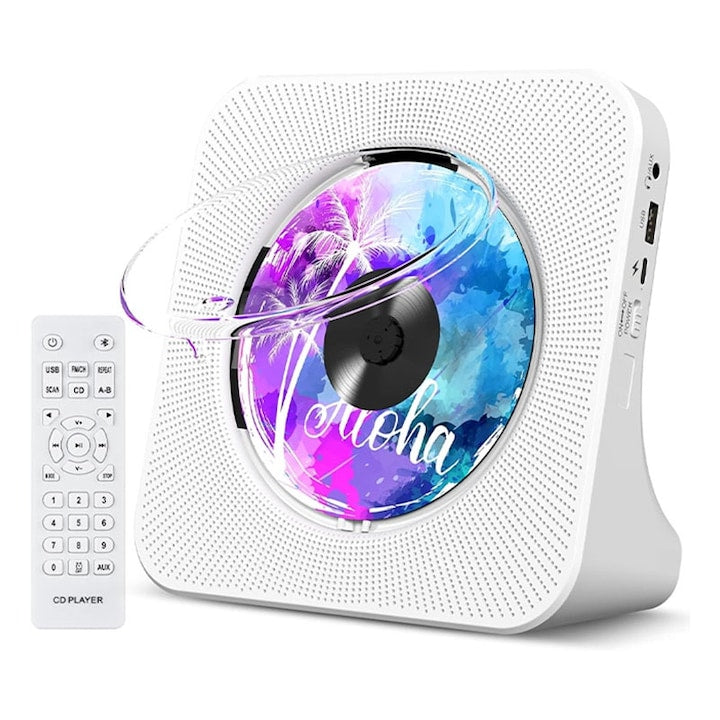 CD Player Portabil Multifunctional Rqiurpn Bluetooth Radio FM Difuzoare HiFi Ecran LCD Telecomanda Alb