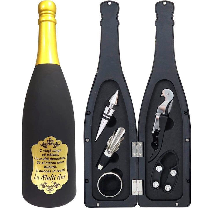 Set Cadou accesorii vin 6 piese cutie in forma de sticla cu mesaj "La multi ani"