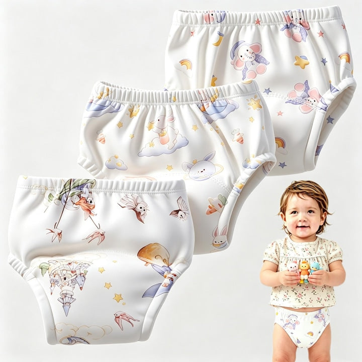 Set de 3 Chiloti de antrenament pentru olita Reutilizabili 100% Bumbac Cu strat antiscurgere Puternic absorbanti Albi cu imprimeuri dragute M(7-13kg)