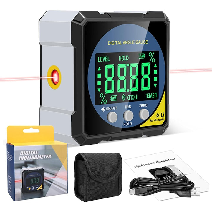 Nivela digitala inclinometru Cu laser Rqiurpn Inclinometru magnetic pe 4 laturi Afisaj LCD Reincarcabil Type-C Portabil Multifunctional Rezistent la Socuri si Apa Rapid Stabil Negru/Verde