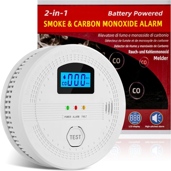 Detector de Fum si Monoxid de Carbon Durata de Viata a Bateriei 10 Ani Avertizare sonora Indicator LED Monitorizare in Timp Real a Concentratiei de Gaz 10.7 x 10.7 cm Alb