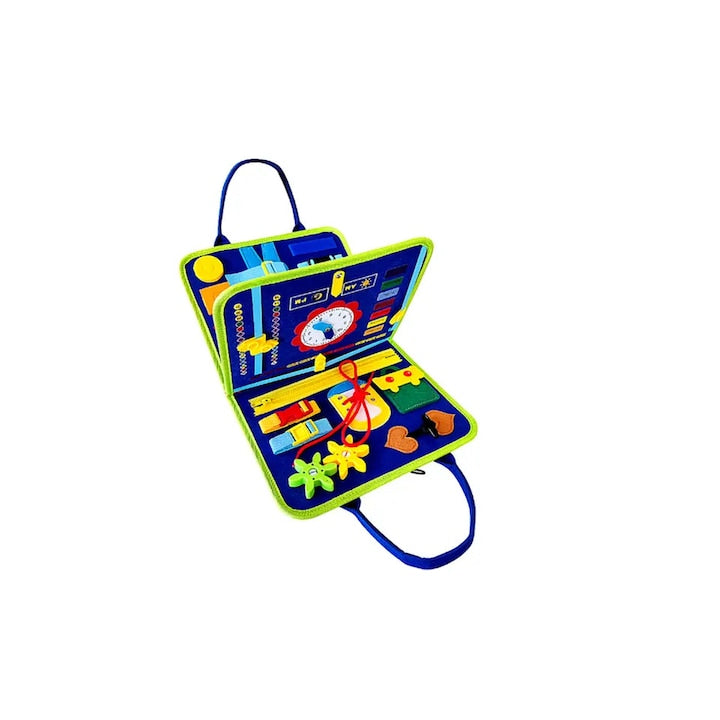 Jucarie interactiva senzoriala Busy board textil Montessori Carte tip gentuta Pentru calatorit albastru