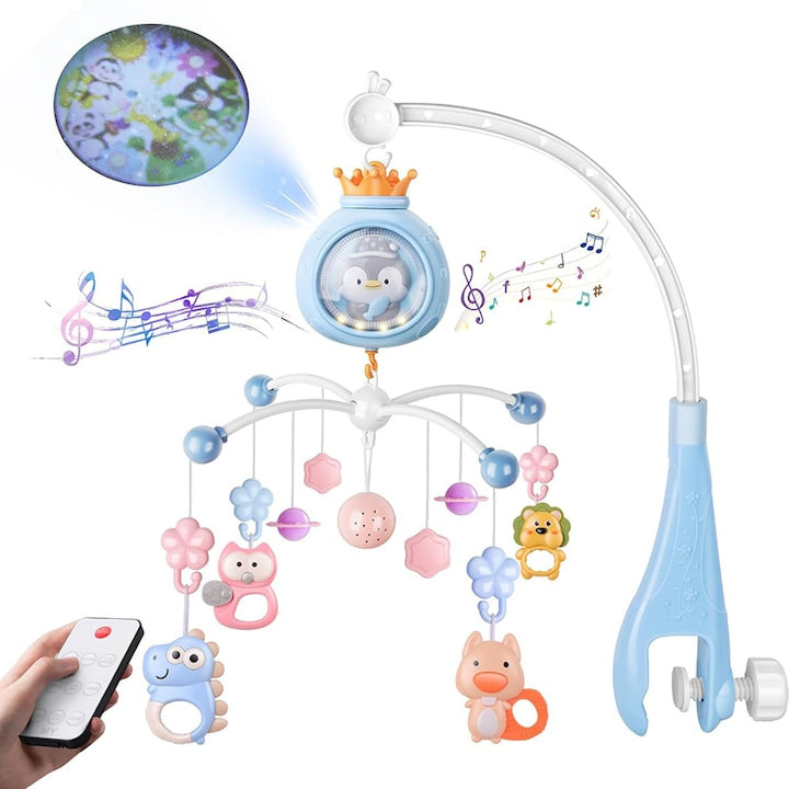Carusel Muzical Patut Bebelusi Rqiurpn Control prin Telecomanda Cronometru Joc de Lumini si Sunete Rotire 360° Multifunctional si Interactiv cu Proiectie Sunete Linistitoare Cantece