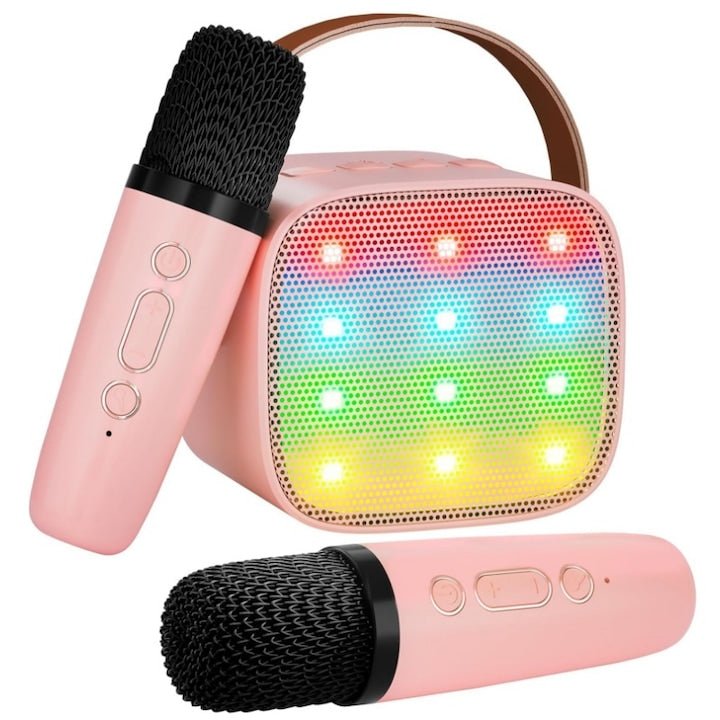 Set jucarie cu boxa portabila si 2 microfoane karaoke fara fir Bluetooth pentru copii si adulti cu lumini dinamice RGB LED AjieQaQ roz
