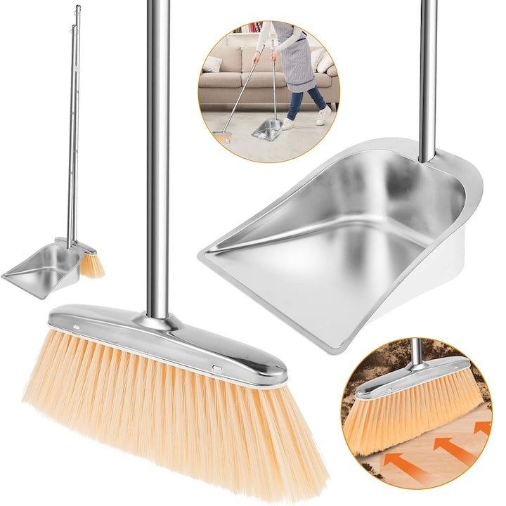 Stainless Steel Long Handle Broom and Dustpan Set, Silver, Heavy Duty Brush and Dustpan Set, Portable Sweeping and Dustpan Set for Hard Floors, Home Office, Indoor and Outdoor Use