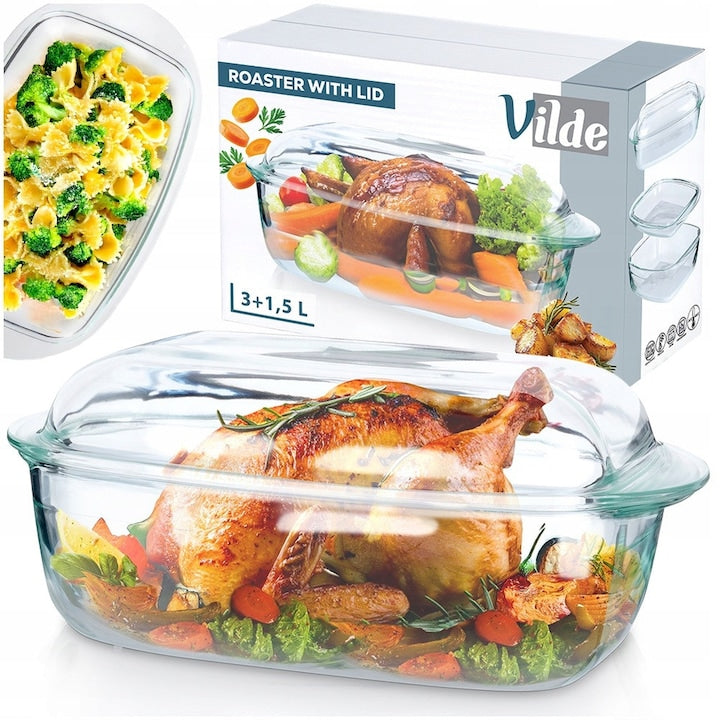 Set Vas De Sticla Rezistent La Caldura Cu Capac Vilde 4.5 L 32.5x19.5x13 cm Rezistent La Temperaturi De La -30°C La +400°C Dotat Cu Manere Pentru Transport Usor Potrivit Pentru Spalare In Masina De Spalat Vase Transparent