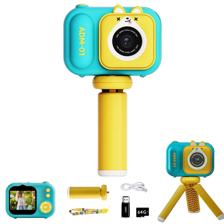 Aparat foto digital pentru copii 48 MP video 1080P ecran IPS 2.4 inch camera dubla fata si spate card SD 64 GB inclus mini trepied OUYLAF Multicolor