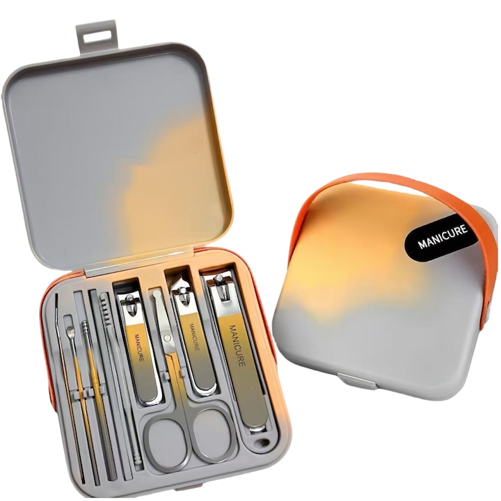 Manicure Pedicure Kit, Stainless Steel, 9 Pieces, with Elegant Storage Case, Curved Nail Clipper, Oblique Nail Clipper, Nail File, Ear Spoon, U-shaped Dead Skin Trimmer, Nose Hair Trimmer