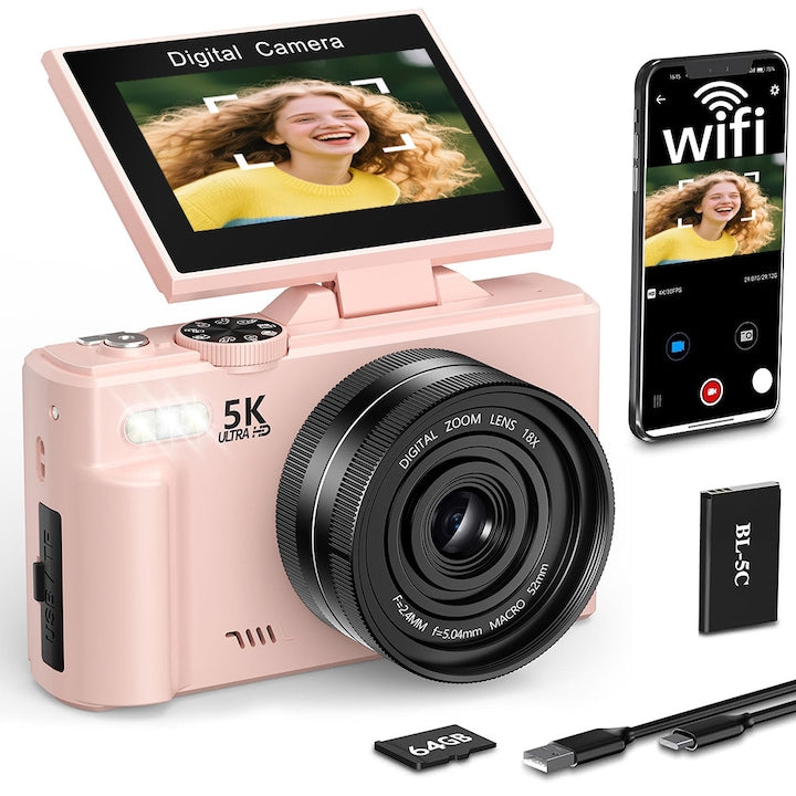 Aparat foto compact 5K 75 MP Wi-Fi 32GB 18X Flip Screen 180° Temporizator multiplu cu setari de 3s/5s/10s Roz