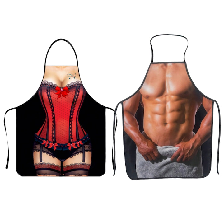 Set of 2 Kitchen Aprons for Couples - Sexy Woman and Muscular Man - Fantasy - Multifunctional - Pranks - Funny Gifts - Husband and Wife - Anniversary - 80x60cm