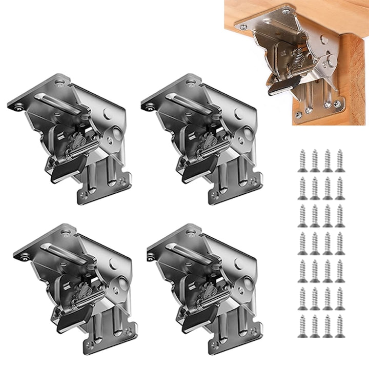 Set of 4 ZOUN Folding Locking Hinges, 0-180° Folding Angle, with Mounting Screws, Stainless Steel, for Table Tops and Furniture, Silver Color