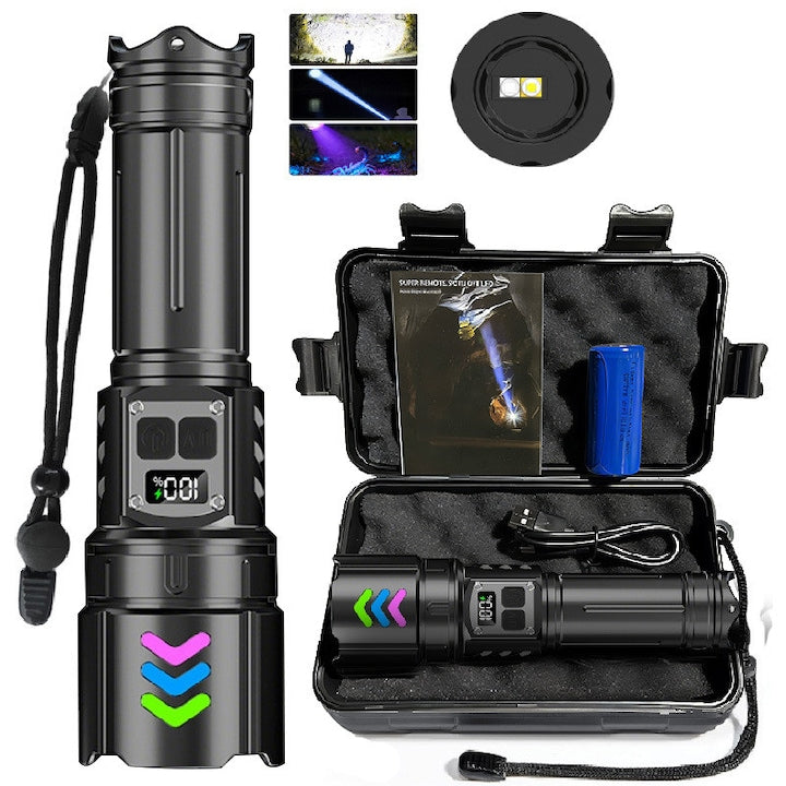 Lanterna tactica Omelivon 2 in 1 UV 365nm si lumina alba reincarcabila zoomabila afisaj LCD negru