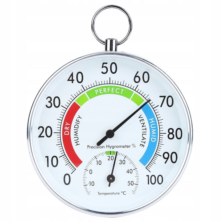 Indoor hygrometer and thermometer, 10x10x2.5cm, aluminum and plastic, 0-100% RH, -15-50°C