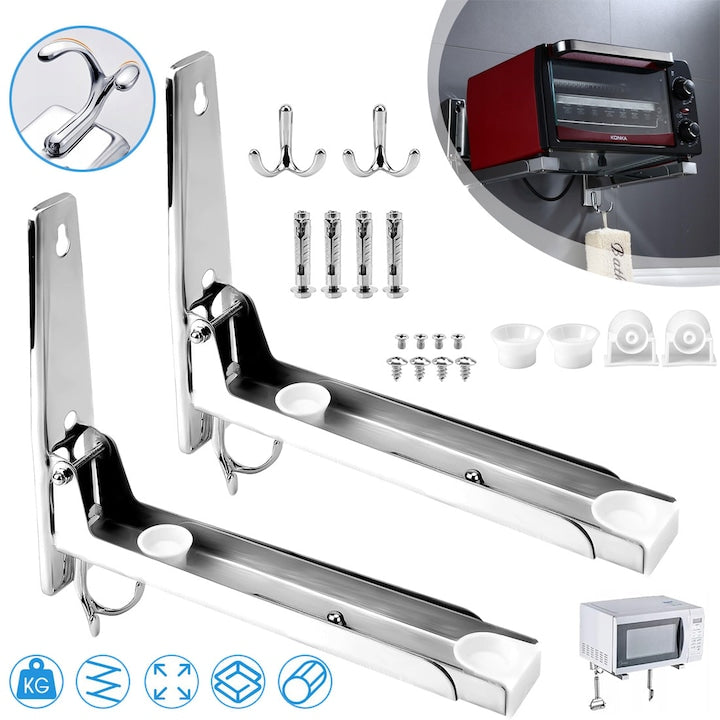 Wall Mount Microwave Oven Bracket CHOOLY 304 Stainless Steel, Foldable, Silver, 20x22-40cm, Set of 2