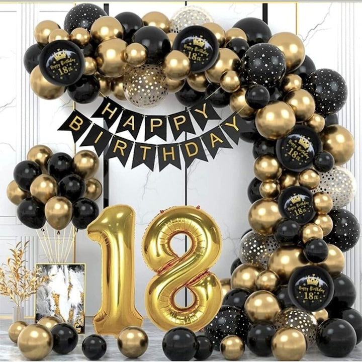 Set 100 buc baloane latex si decoratiuni petrecere aniversara 18 ani culoare negru si auriu