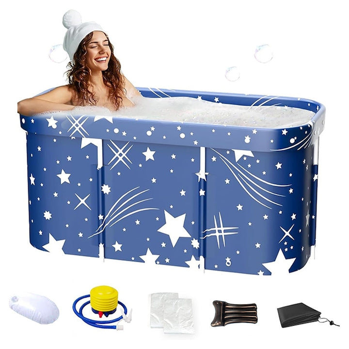 Cada pliabila portabila Rqiurpn Izolatie groasa Suport stabil Design confortabil Cu accesorii Potrivita pentru efecte terapeutice cu apa calda si rece Potrivita pentru copii/adulti 120x60x55cm PVC Albastru