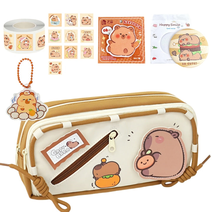 School Pencil Case for Students, Capybara Model, Extra Large 3-Layer Capacity, Includes a Detachable Velcro Capybara, Capybara-Shaped Sticky Notes, a Small Round Mirror, a Pendant, and Stickers, 22x6.5x11 cm, Canvas