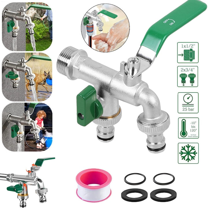 Double Garden Faucet, Brass, G1/2 Inch Inlet and Two G3/4 Inch Outlet Taps, Double Ball Valve, Frost-Proof Outdoor Water Tap with 2 Hose Connectors