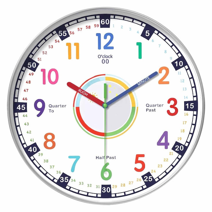 Ceas de perete SINBINTA Ceas de perete pentru copii Alimentat cu baterie Montat perete Silentios Usor de instalat si citit Pentru crese scoli scoli prescolare si primare Sticla/ABS 31.5*31.5cm Multicolor/Alb