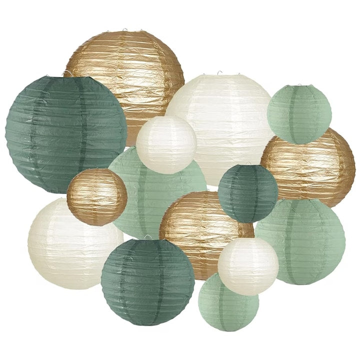 Set 15 lampioane decorative Axroad Mall Design pliabil usor de instalat usor de depozitat poate fi reutilizat de mai multe ori Rotunde Ideal pentru petreceri evenimente si decor exterior Hartie 20 25 30cm Auriu Verde pal Alb Verde
