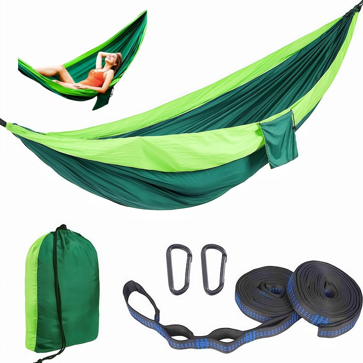 Hamac Hamac camping cu saci de depozitare moale si confortabilaultra usor excelent pentru camping chingii de prindere si carabiniere aventura 270x140 cm Verde