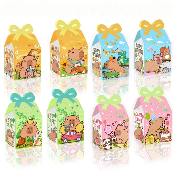 Set de 12 cutii cadou rafinate cu bomboane Fantasy Tema Capibara 4 stiluri 8 modele - fiecare stil are un model diferit pe fata si pe spate 9.5*8.5*6.5 cm cadouri creative petrecere aniversara copiilor Carton ecologic standard european de 250 g