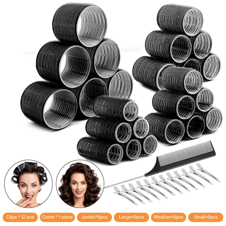 24-piece Black Hair Roller Set with 12 Clips - 4 Sizes for Volume and Curls, Wacorresi, for long-lasting volume and resilient curls, for all hair types, Black
