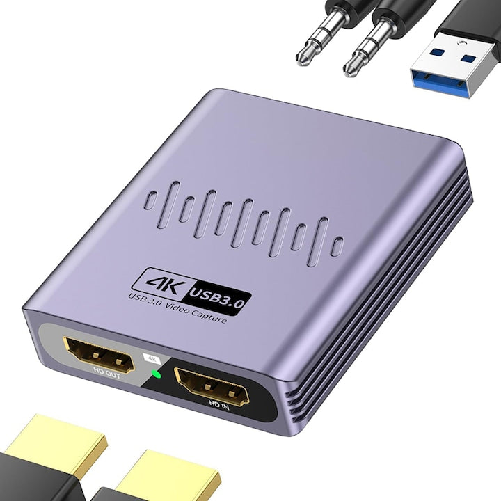 Placa de captura Video USB 3.0 HDMI cu microfon Intrare 4K Rqiurpn Iesire 1080p Ideal pentru Streaming Jocuri Plug and Play compatibil cu PS5 Xbox PC Nintendo Switch design compact portabil