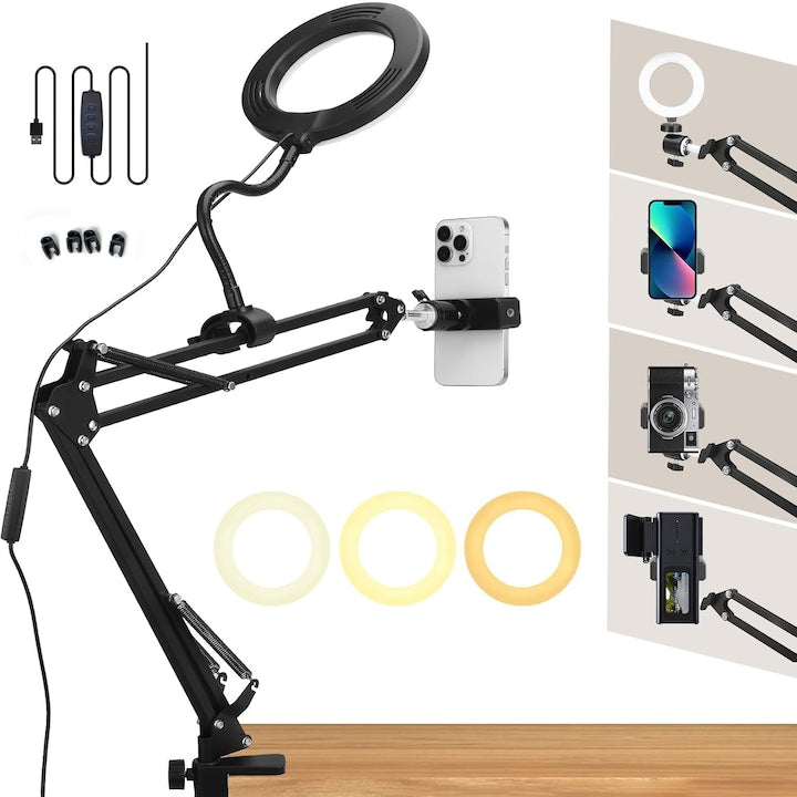 Suport pentru Telefon de Birou SANSES cu 6'' Lampa Circulara Clema de Brat Metalic Flexibil Flexibil 3 Moduri de Lumina 9 trepte reglaj Suport Telefon pentru Vlog Inregistrare Video Negru