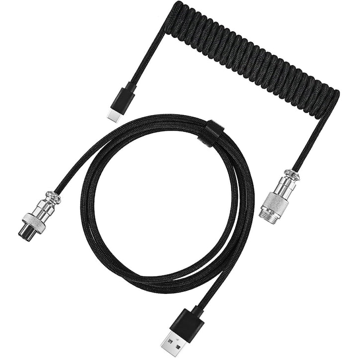 Braided Coiled Cable 1.8m for Gaming Keyboard Type-C to USB-A with Premium Detachable Aviator Connector Durable and Compatible with Keyboards and Tablets Black