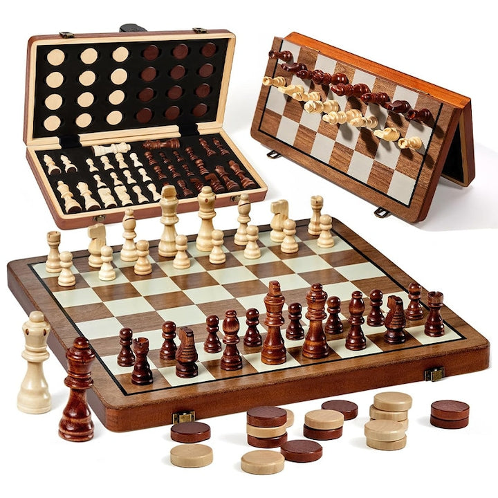 Magnetic Wooden Chess and Checkers Set Duueyct 39 x 39 cm Foldable Design Portable For Adults and Children Made of Wood Brown