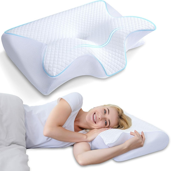 Perna ortopedica spuma cu memorie Ergonomica pentru Gat si Suport Cervical Husa lavabila Ideala pentru dormitul lateral spate sau stomac beneficii medicale Alb