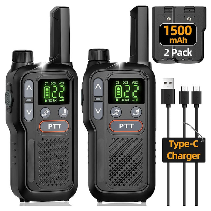 Statii radio FRS Omelivon set 2 buc 22 canale USB-C autonomie 18 ore functie NOAA lanterna integrata