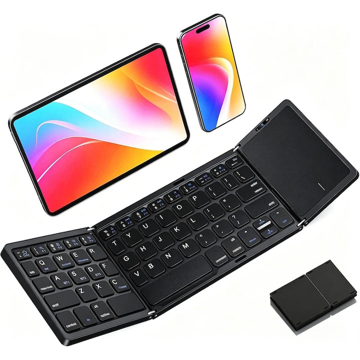 Tastatura Wireless Pliabila SANSES Bluetooth Touch Pad Ultra Subtire Portabila Reincarcabila USB Baterie 140mAh Pliabila in 3 sectiuni 3 Conectari Concomitente Compatibila Android iOS Windows 200g Negru
