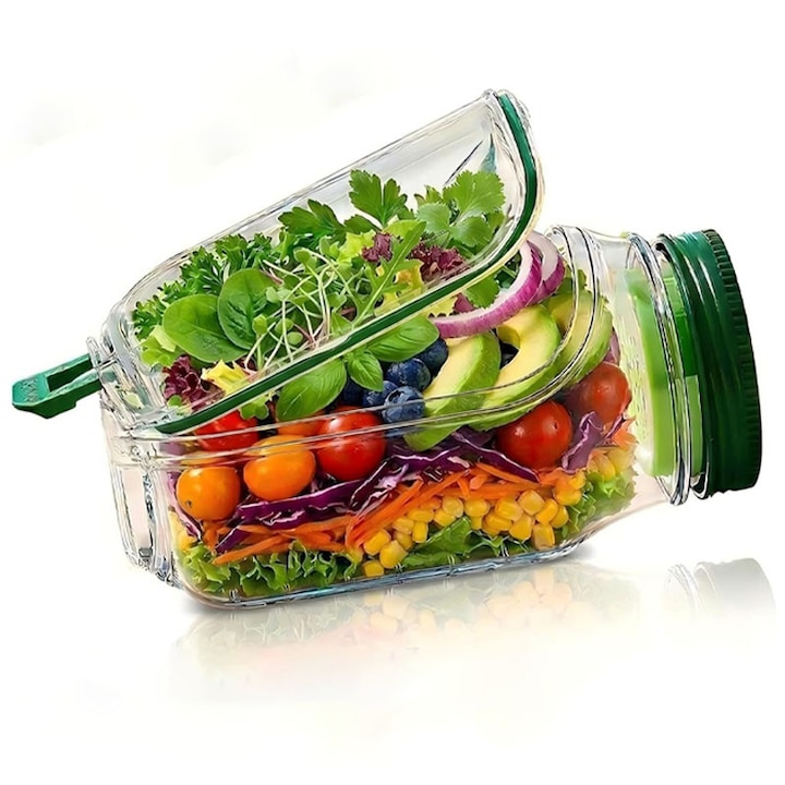 Recipient pentru salata Omelivon cu deschidere laterala si stratificare verticala cu recipient dressing etans 75ml si capac convertibil in bol BPA-free Verde 1000ml