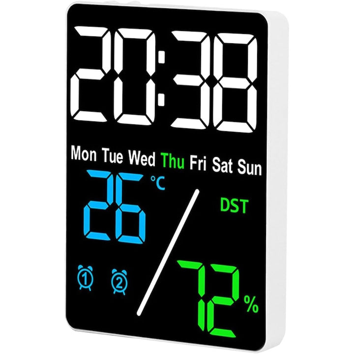 Ceas Digital de Perete cu Led Ceas Electronic de Masa cu Baterie cu Afisarea Orei si A Temperaturii Alarma Umiditate Auto-Dimming 3 niveluri de lumina reglabile 9×2.5×12cm YQLAFT Albastru/Verde