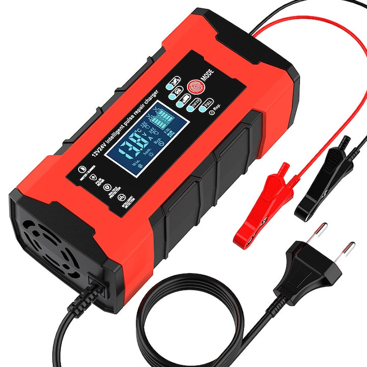 Rqiurpn Portable Car Charger 12V 10A and 24V Automatic Charging LCD Overheat Protection Red/Black