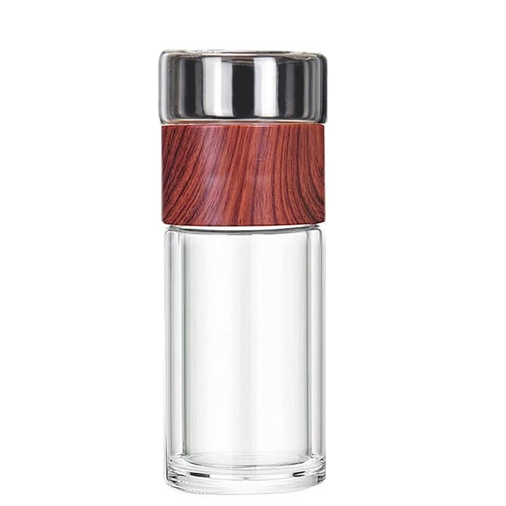 Sticla de Ceai Pentru Calatorie Cu Pereti Dubli Axroad Mall Etansa Portabila Cu strecuratoare Rezistenta la caldura antiexplozie Pentru casa birou vacante sau utilizare zilnica Sticla borosilicata/Otel inoxidabil 350ml Maro/Transparent
