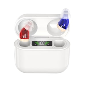 Hearing Aid 118dB LED display, 35-hour battery life, 2-hour charging, clear sound quality, intelligent noise cancellation, sound amplifier for moderate to severe hearing loss, Type-C, red and blue color