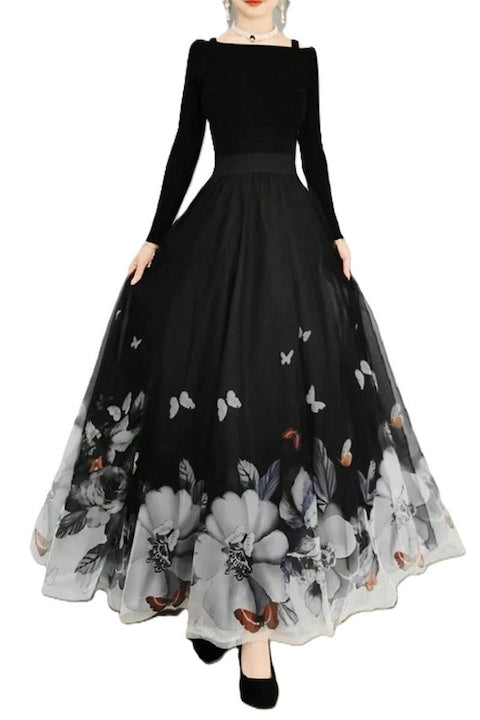 OEM - Women's High-Waisted Skirt with Butterfly & Floral Print, Black, XL, 12 interest-free installments