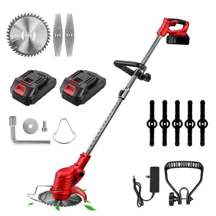 AKKEE 650W Portable Electric Strimmer 18000 RPM with Disc, 21V Battery, 3 Types of Blades, Made of ABS and Metal, Red, Telescopic